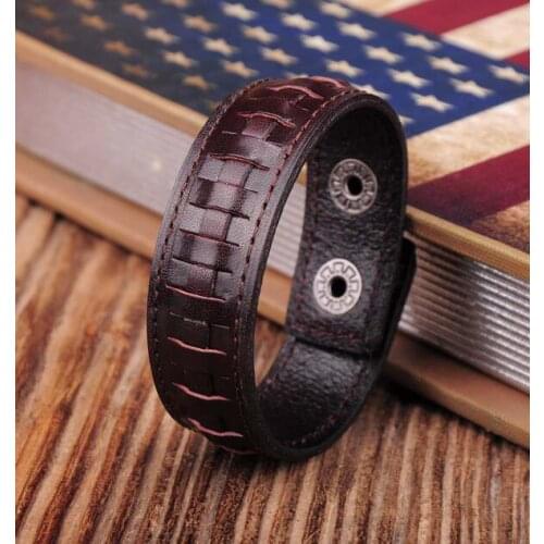 G351 Brown Stylish Braided Vintage Genuine Leather Snap Closure Wristband Bracelet Cuff New