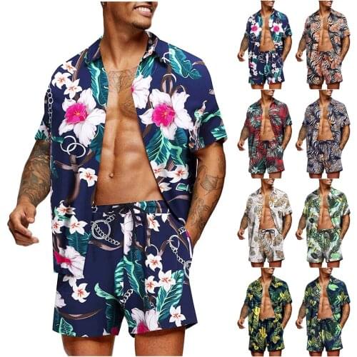 Men Sets Fashion Hawaiian Printing Short Sleeve Lturn Down Collar Shirts Drawstring Shorts Summer Hawaiian Sandbeach Casual Sets