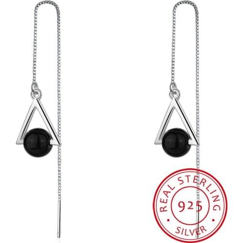 Beautiful Triangle Geometric 925 Sterling Silver Jewelry Long Exaggerated Natural Black Crystal Tassel Dangle Earrings SE315
