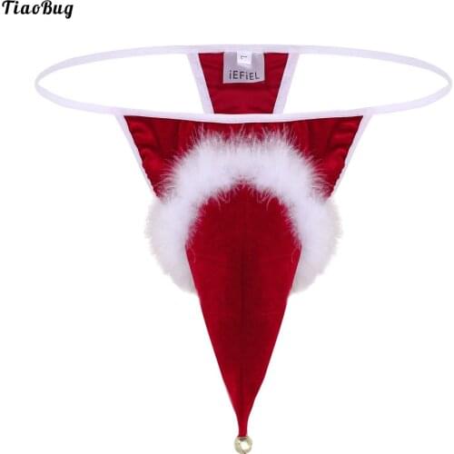 TiaoBug Red Mens Lingerie Velvet Santa Hat Christmas Holiday Fancy Cosplay G-String Thong Underwear With Small Bell