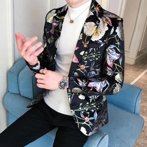 Korean Fashion Floral Print Mens Nightclub Party Clothing Retro Single-breasted Youth Daily Casual Blazer