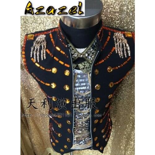 New rivet decoration bar male singer DJ nightclub DS sleeveless Fashion personality Vests costume Men slim black vest S-4XL
