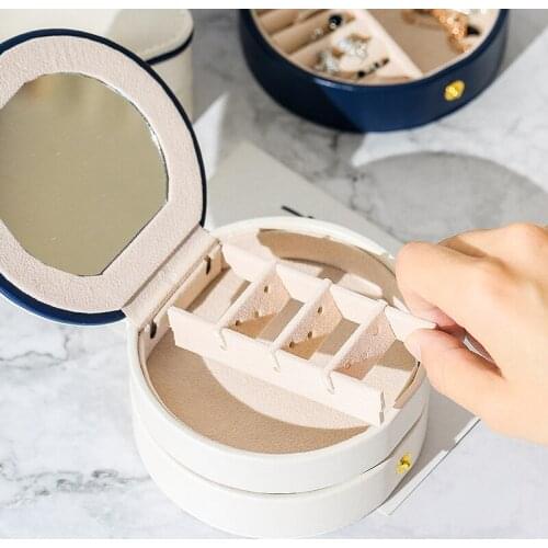 Organizer Case White Round Jewelry Storage Box Travel Ear Studs Necklace Ring Box Waterproof Double Layer Flannel With Mirror Ba