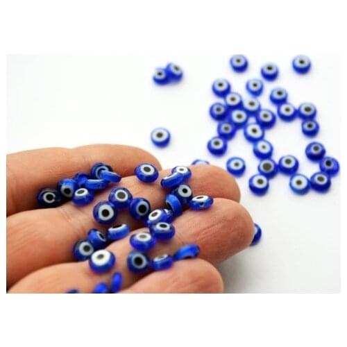 Blue Evil Eye 6mm Flat Glass Beads From Turkey 50 Pcs