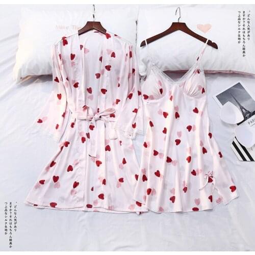 Sweet Heart Print Lace Trim 2PCS Robe Set Lady Faux Silk With Bra Home Dress Sexy V-Neck Strap Nightgown Spring Summer Sleepwear