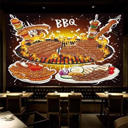 Custom European American Barbecue Steaks Self Adhesive Wallpaper 3D Modern BBQ Fast Food Restaurant Snack Bar Background Mural