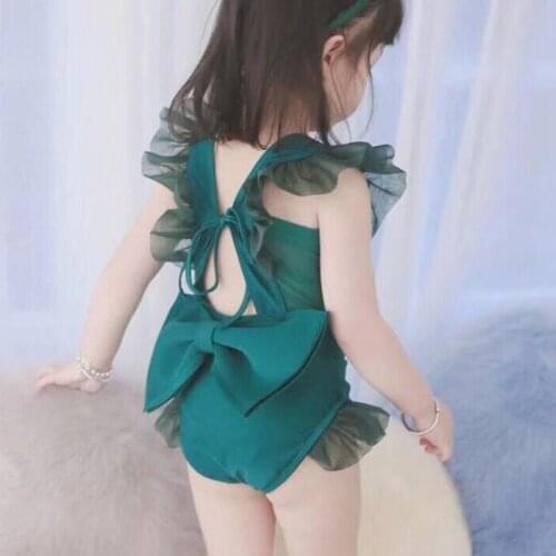 Girls' One Piece Swimsuit 2021 Summer New Sweet Frenulum Bow Ruffle Square Collar Childrens Vacationing Cute Swimsuit