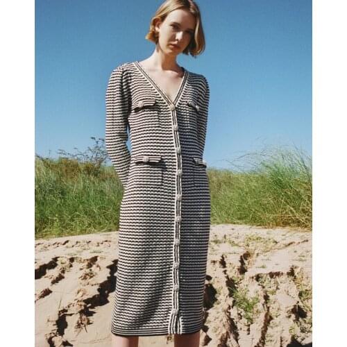 Sp2021 early spring new V-Neck long sleeve breasted diamond stripe knitted slim dress 21095