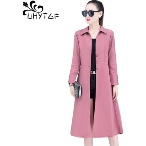 UHYTGF Womens Spring Trench Coat Single-Breasted Elegant Female Long Windbreaker Pure Color Wild Loose Plus Size Outerwear 1484