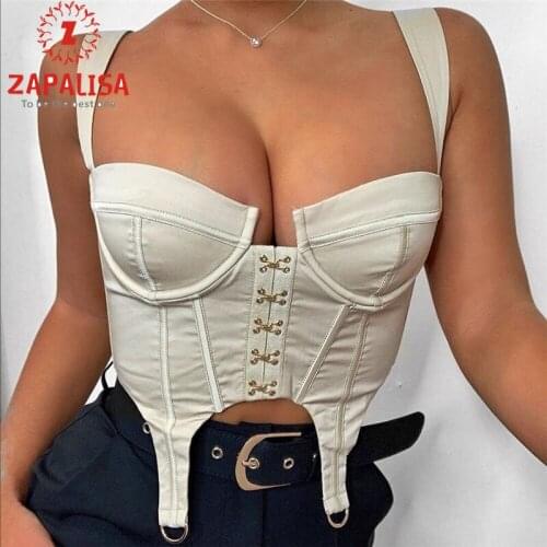 ZAPALISA Halter Tank Top Fashion Solid Color Metal Ring Tassel Decor Single Breasted Zipper Design Sleeveless Plunging Crop Tops