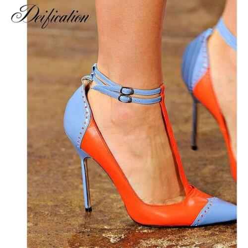 Deification Sexy T-Strap High Heels Fashion Mixed Colors Real Leather Runway Wedding Shoes Woman Fretwork Outfit Sapato Feminino