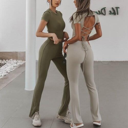 Women Sexy Backless Top Sport Pants Set Slim Workout Sportswear Sets Cross Lace up Short Crop Top High Waist Legging Sport Suits