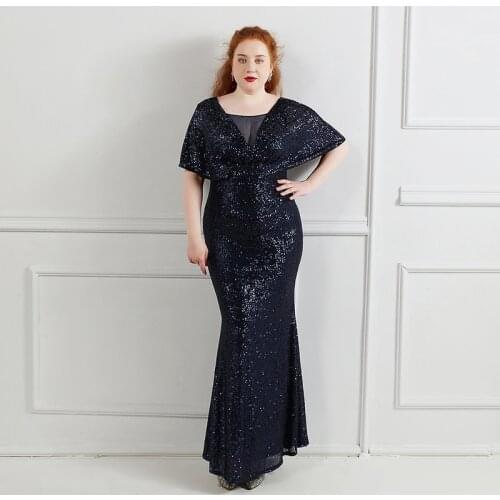 Evening Dress Sequins Elegant V-Neck Short Sleeves Zipper Back Pleat Floor-Length New Mermaid Plus Size Women Formal Gowns D1276