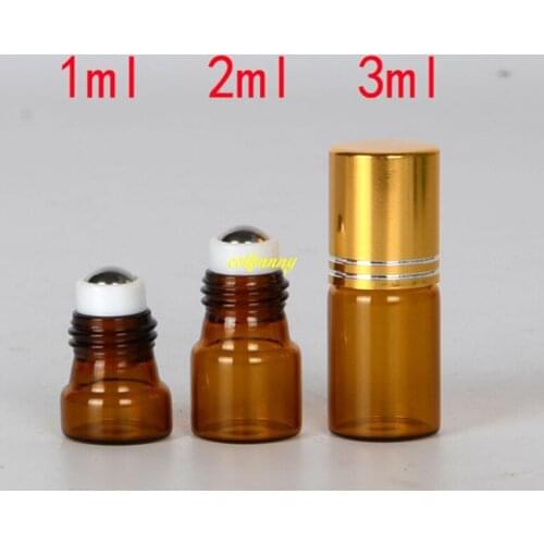 100pcs/lot 1ML 2ml 3ML Roll On Amber Glass bottle With gold cap Refillable Perfume Bottles Empty Essential Oil container