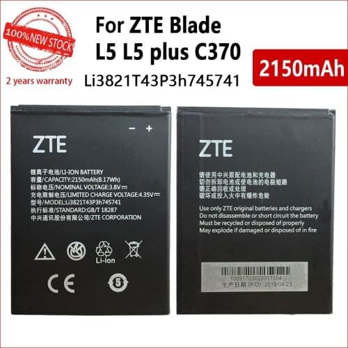 100% NEW Genuine Original Battery For ZTE Blade L5 L 5 PLUS C370 2150mAh Li3821T43P3h745741 Phone High Quality Batteria