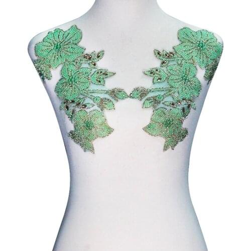 5pair Green Beads Hot Fix Rhinestones Iron on Crystal Transfer Flower Design Motif Applique Patches for Clothes Decoration T2420