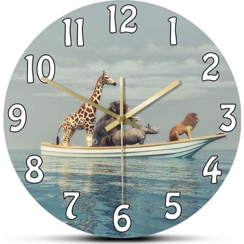 Wild Animals Sitting In A Boat 3D Render Illustration Wall Clock Lion Rhino Elephant Giraffe African Wildlife Home Decor Clock