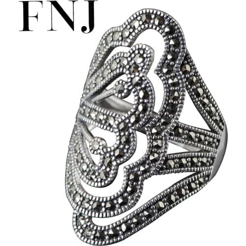 FNJ MARCASITE Ring 925 Silver Adjustable Size 100% Original Real S925 Solid Silver Rings for Women Jewelry Fine Vintage Hollow