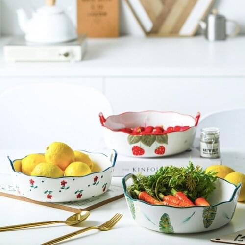 Ceramic Salad Bowl With Handle Breakfast Cereal Fruit Plate Solid Dessert Soup Restaurant Noodles Bowl Microwave Oven Special