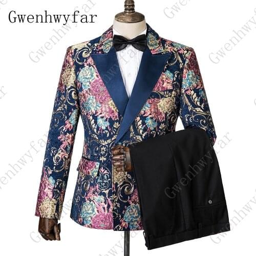 Gwenhwyfar Navy Blue Peaked Lapel 3 Pieces Flower Suit Mens Tuxedo Floral Wedding Prom Suits Best Man Blazer With Pants Vest