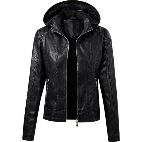 2020 New Womens Long Sleeve Pu Jacket Plush Hood Casual Fashion Warm Comfortable Versatile Leather Coat Trend Solid Color