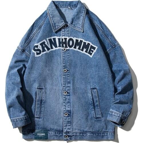 Men denim jacket trendy handsome loose fat plus size casual letter Outerwear Jeans Coats Streetwear Long Sleeve Hip Hop Clothing