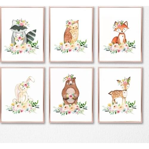 Flower Woodland Animals Canvas Painting Nursery Wall Art Picture , Watercolor Cute Animal Print and Poster Baby Girls Room Decor