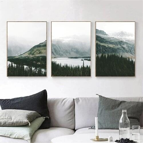 Nordic Forest Landscape Wall Art Poster Lake Snow Mountain Canvas Painting Natural Fog Print Wall Pictures For Living Room Decor