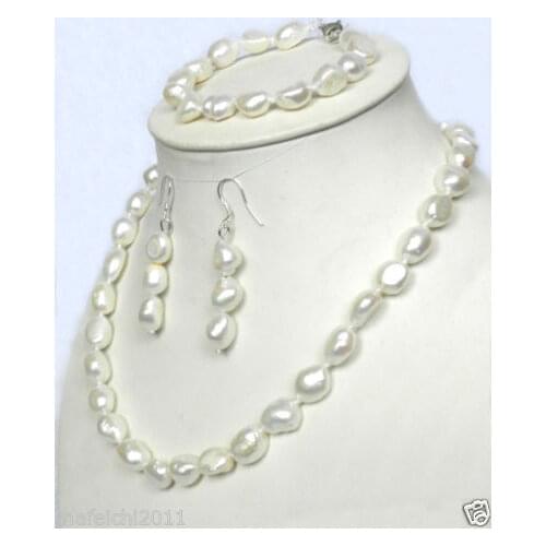 Real 10-12mm Natural 925 White Akoya Pearl Necklace Bracelet + Earrings 18 "