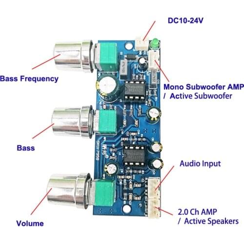NE5532 2.1 Channel Tone Preamplifier Board Audio Equalizer Subwoofer Preamp Tone Control Bass Pre Amplifier DC10-24V