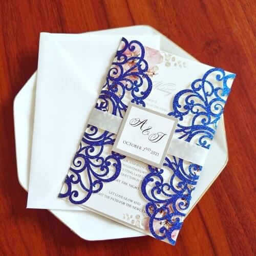 50X Blue Union Party Invitations DIY Glitter Laser Cut Glittery Personalized Print Greeting Cards For Anniversarty With Tag