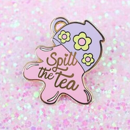 Spill The Tea Flower Print Tea Cup Enamel Brooch Pin Hat Bag Collar Lapel Pins Badges Women Mens Fashion Jewelry Accessories
