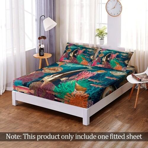 Custom Retro Style 3D Print Underwater World Fitted Sheet Elastic Band Bed Sheet Bedroom Flats Home Decor Queen King Adult