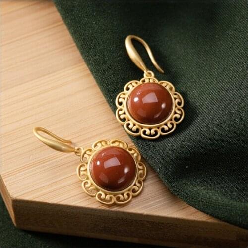 S925 Sterling Silver Inlaid Natural South Red Hollow Stud Earrings Agate Jade High-End Frosted Gold Earrings Jewelry Ladies