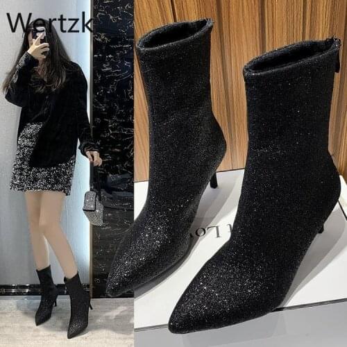 Style Autumn Winter Boots Womens Thin Single Boots Thin Heeled High Heel Pointed Elastic Large Size Boots Women
