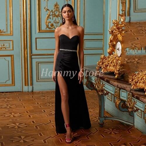 Sexy Black Evening Dress Cheap Sweetheart Sleeveless Beading Belt Simple Satin Prom Gowns Formal Dress High Sit