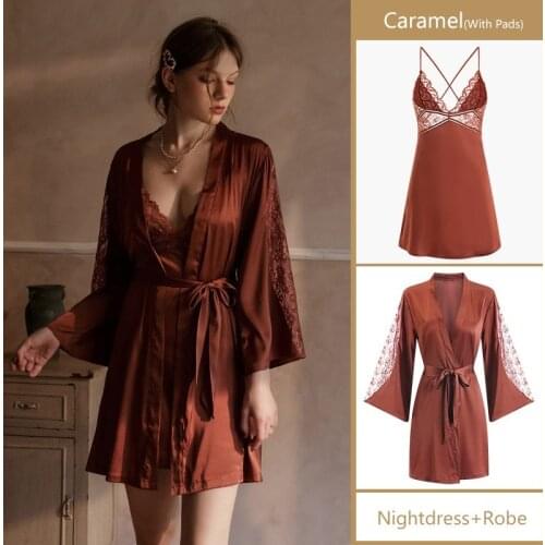 Sexy Women Intimate Lingerie Satin Lace Patchwork Nighty&Robe Suit Silky Kimono Bathrobe Gown Sleepwear New Nightwear Homewear