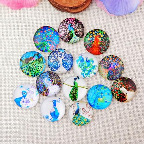 10Pcs Glass Cabochon Mixed Pattern Fit Cameo Base Peacock Cat pattern Round Necklace Pendant DIY handmade Craft Accessories