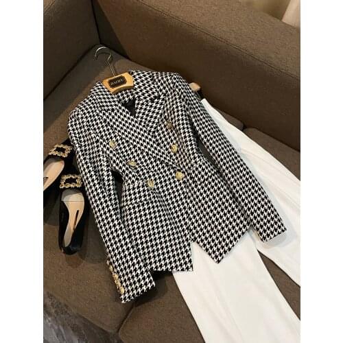 High-Quality Temperament Autumn Gentle Wild 2021 New Star Jacket Double-Breasted Lion Button Woven Wool Houndstooth Suit O129