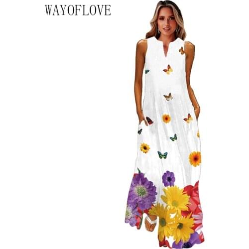 WAYOFLOVE Fashion Butterfly Printed Summer Dress 2021 Beach Casual Plus Size Long Dresses Woman Sleeveless Girl Maxi Dress Women