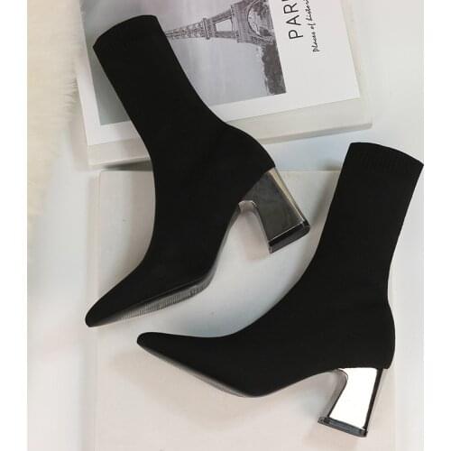 Women Pointed Toe Sock Boots Stretch Ankle Boots Square 7cm High Heel Boots Shoes Woman Fashion Bota Feminina Plus Size 34-42