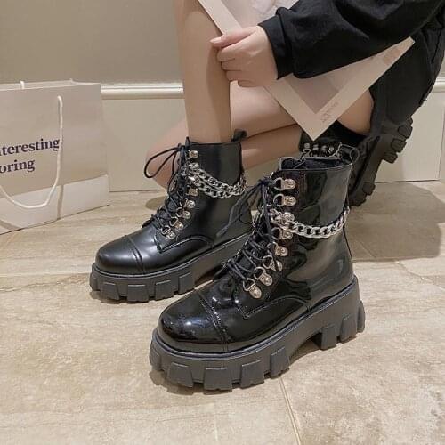 SONDR Black Punk Platform Motorcycle Boots Women Lace Up Chunky Heel Martin Boots Women Belt Buckle Designer Shoes Women