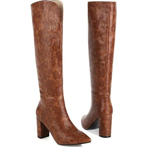 2020 New Faux Leather Women Knee High Boots Fashion Pointed Toe Square Heel Women Western Boots Slip on Ladies Winter Shoes