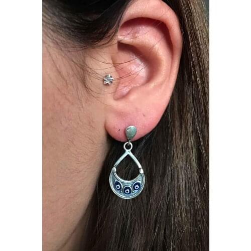 Evil Eye Motif Oxidized Filigree Silver Lady Earrings