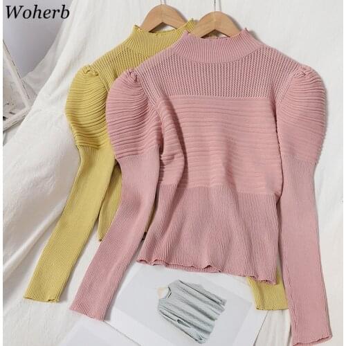 Woherb Women Sweater Solid Turtleneck 2020 Fall Winter Hollow Out Jumper Fashion Slim Sexy Puff Sleeve Knitted Pullovers 2020
