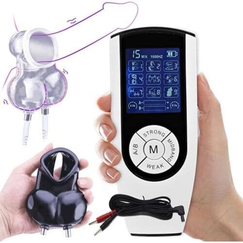 BDSM Electro Shock Penis Ring Sex Ball Stretcher Scrotum Sleeve Male Chastity Cock Cage Medical Electric Stimulation Sex Toy