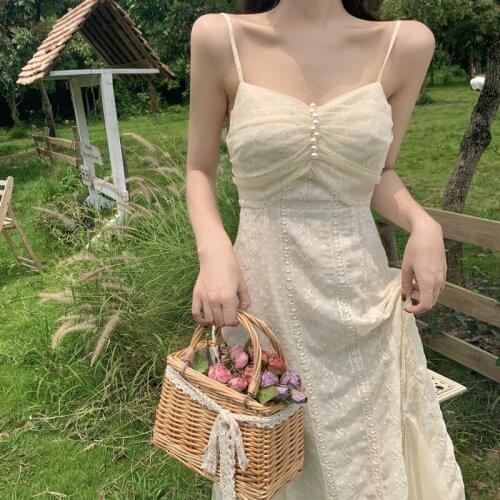 Elegant Midi Strap Sexy Long Dress Women Casual Lace Beach Solid Dress Female Chiffon Party One Piece Dress Korean 2021 Summer
