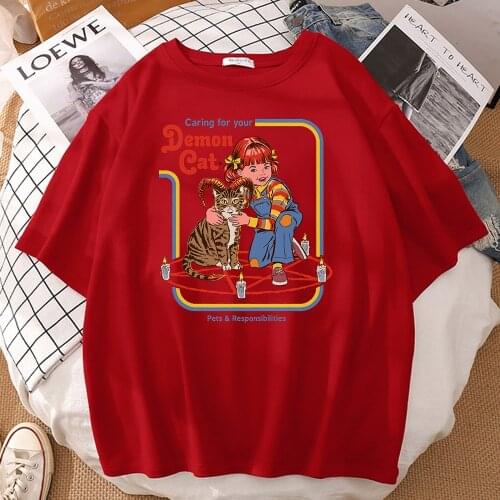 Caring For Your Demon Cat Printed Male T-Shirt Simple Cool Tee Shirts Breathable Slim T Shirt Casual Comfortable T Shirts Mens