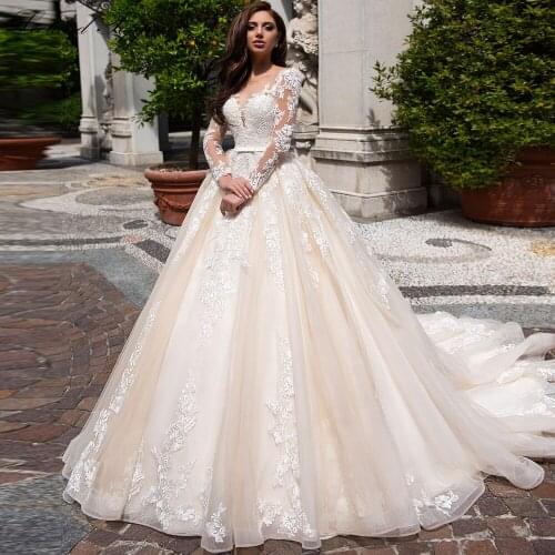 Lceland Poppy A-line Wedding Dresses 2021 Fulll Sleeves Lace Appliques Vestido de Novia Lace Bridal Gowns Court Train with Belt