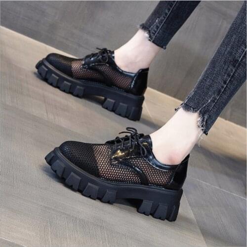 Summer Women Leather Shoe Return Mesh Thick Bottom Handsome Oxford Shoe Casual Comfortable Lace Up Platform Shoes Ladies Crawler